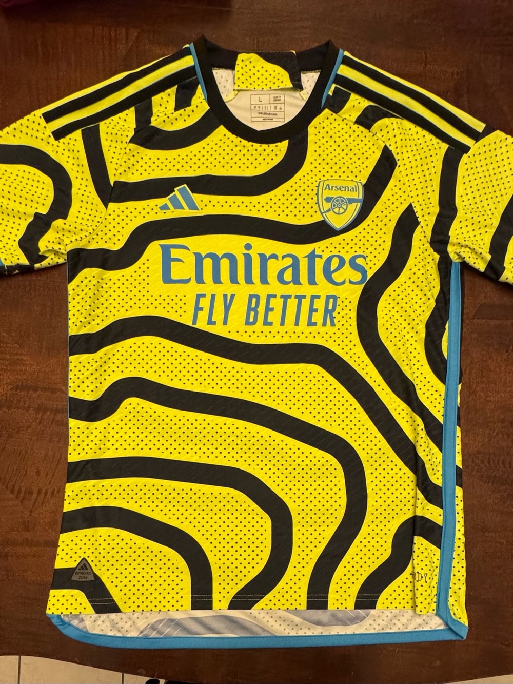 adidas mens Arsenal Yellow and Black Away Jersey with Blue Accents
